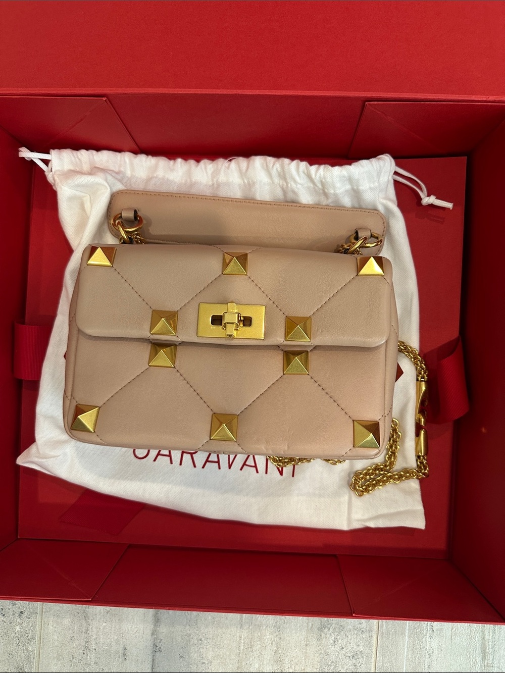 Valentino Garavani Beige Quilted Rockstud Shoulder Bag with Gold Hardware